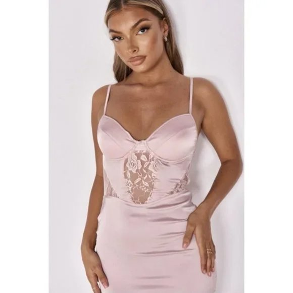 Pink Satin Silk Lace Sleeveless Bustier Bodycon Mini Dress - Picture 14 of 17